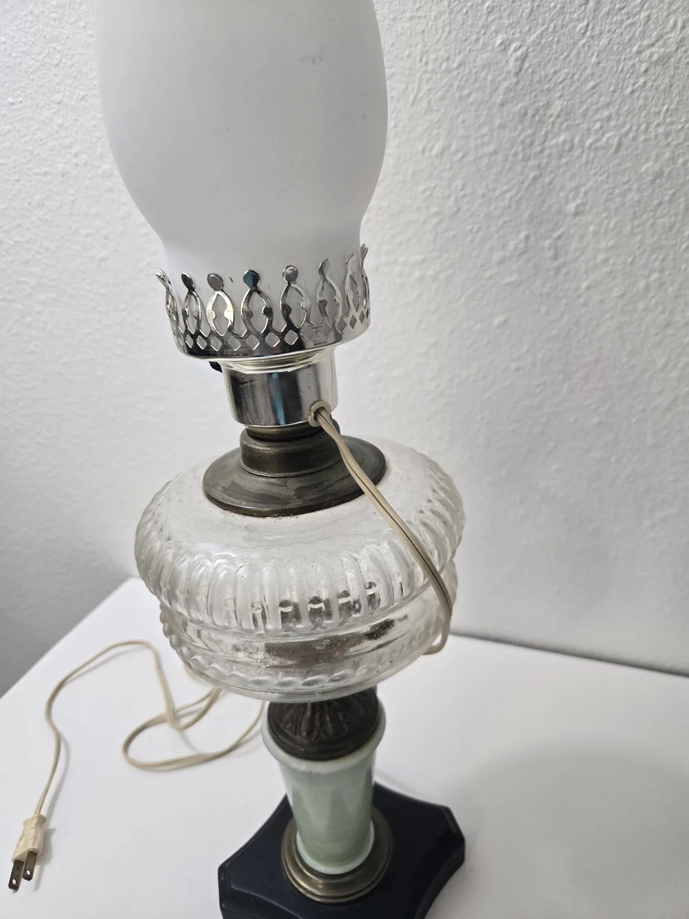 Vintage Glass Hurricane Table Lamp - White Frosted Shade